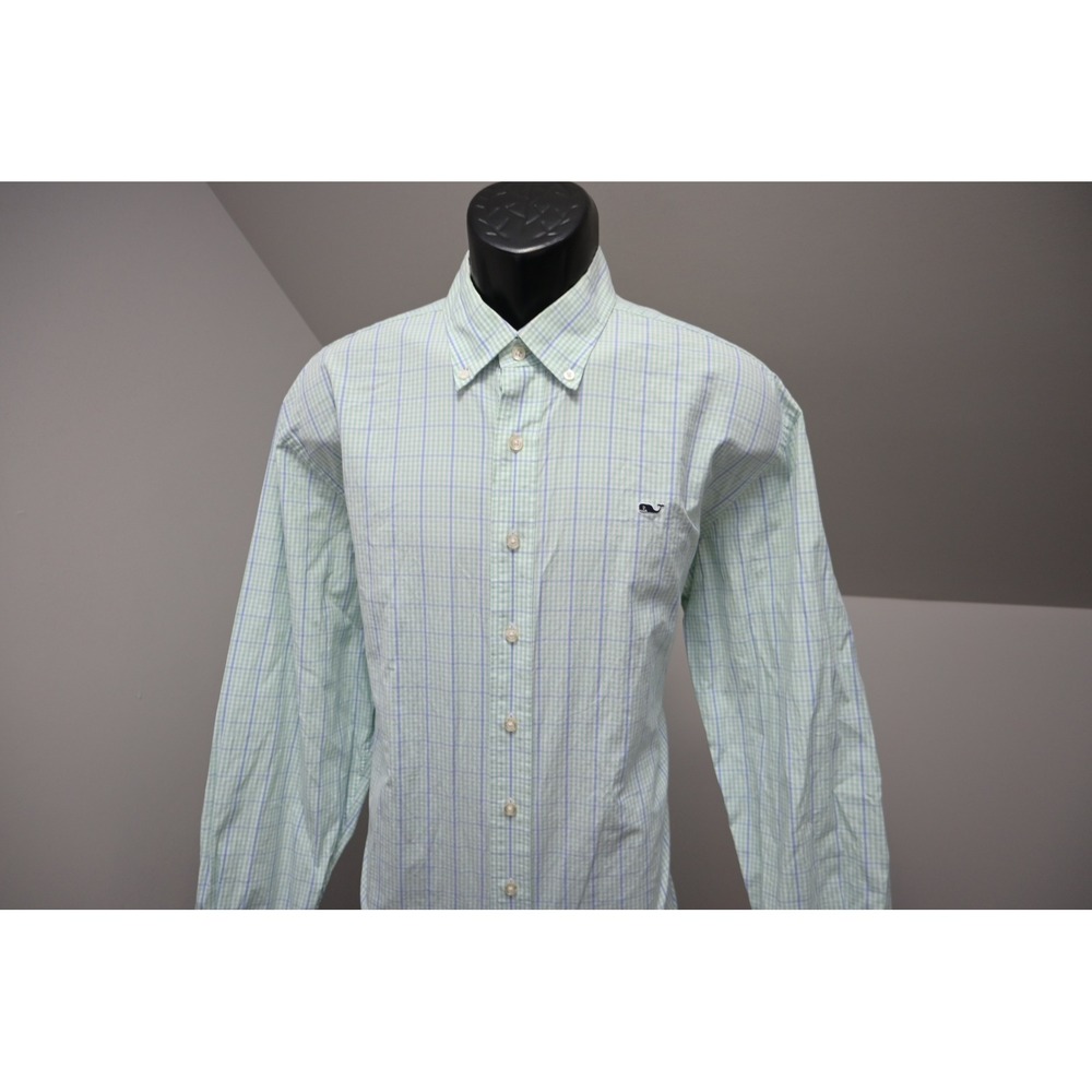 Vineyard Vines Whale Shirt Mens L Green Blue Check Button Down Long Sleeve Top